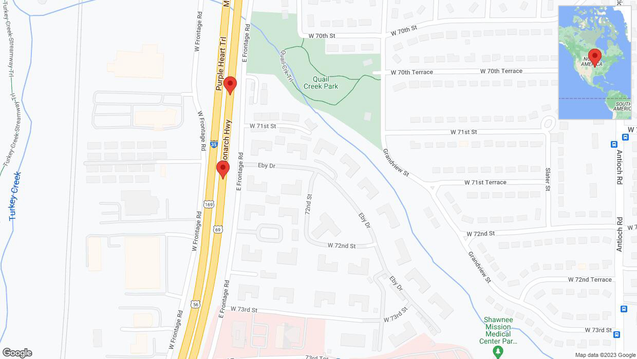 A detailed map that shows the affected road due to 'Broken down vehicle on eastbound I-35 in Merriam' on October 11th at 7:09 p.m.