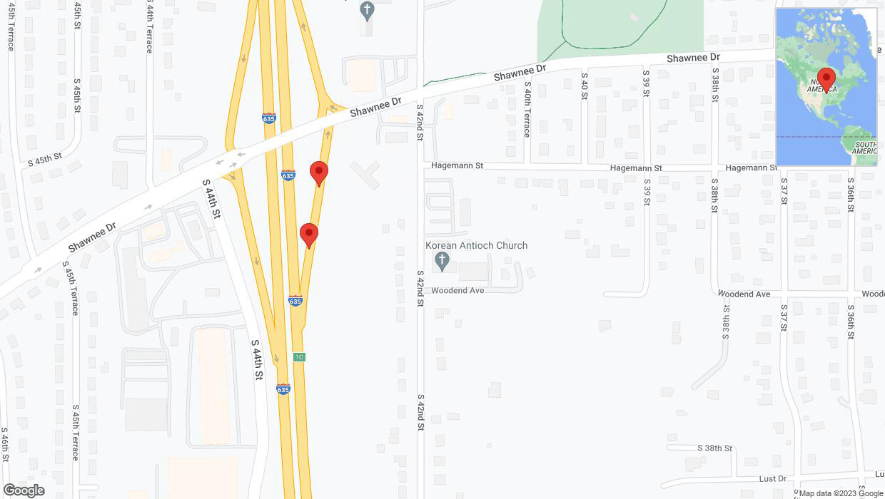 A detailed map that shows the affected road due to 'Broken down vehicle on South 42nd Street in Kansas City' on October 11th at 10:09 p.m.