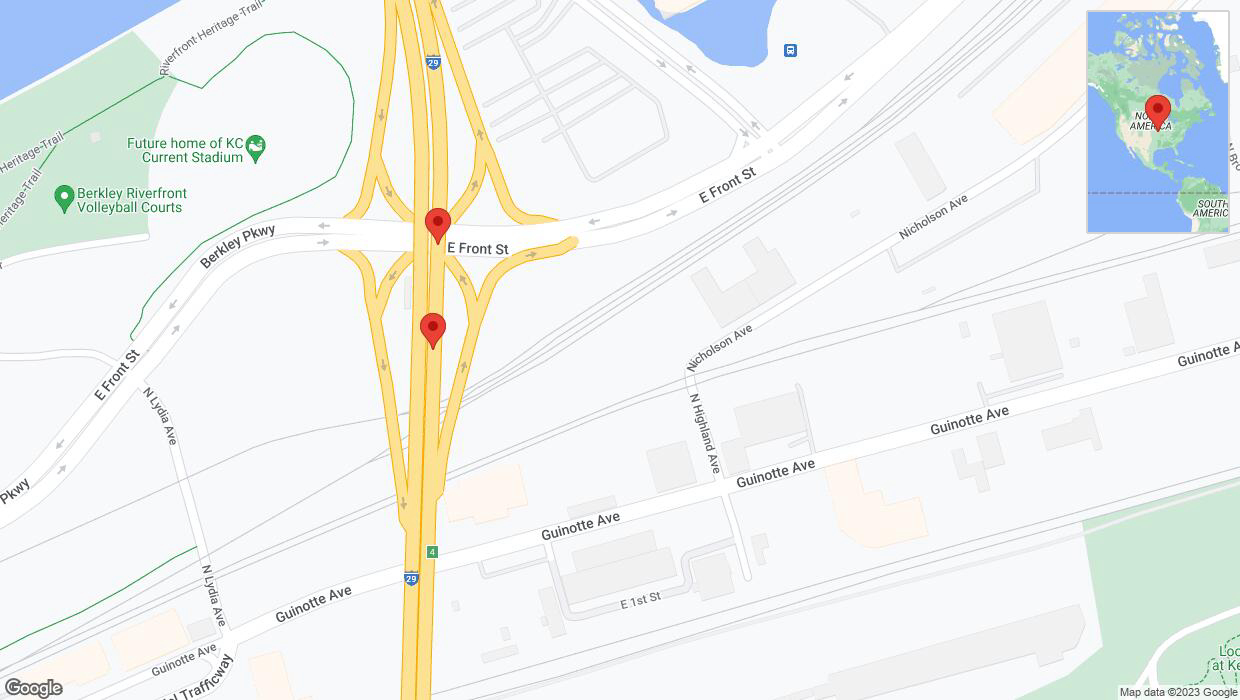A detailed map that shows the affected road due to 'Broken down vehicle on northbound I-29/I-35 in Kansas City' on October 11th at 10:03 p.m.