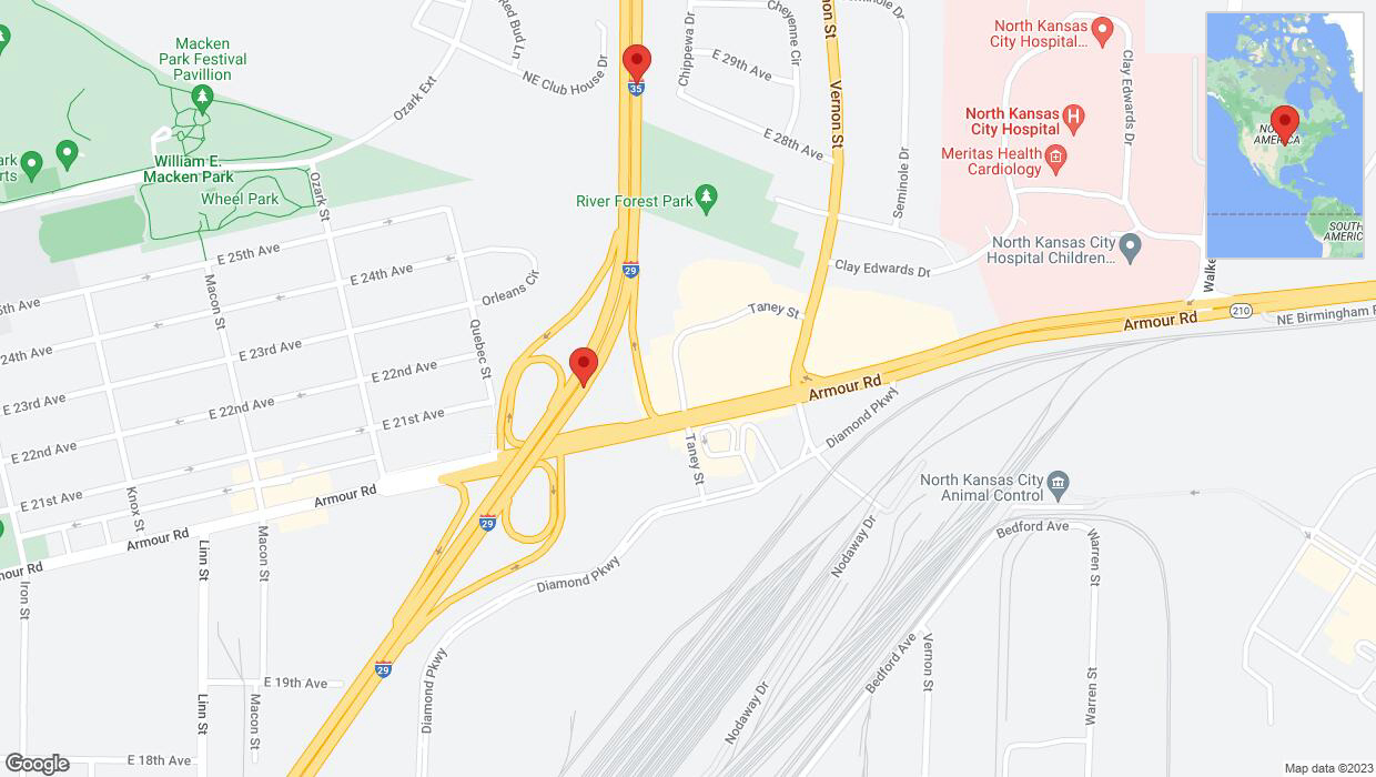 A detailed map that shows the affected road due to 'Broken down vehicle on northbound I-29/I-35 in North Kansas City' on October 12th at 12:21 p.m.