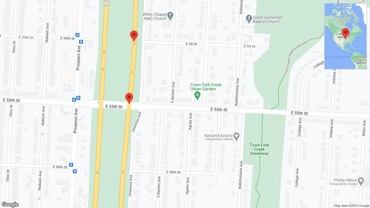 A detailed map that shows the affected road due to 'Broken down vehicle on northbound the Bruce R Watkins Expressway/US-71 in Kansas City' on October 12th at 2:39 p.m.