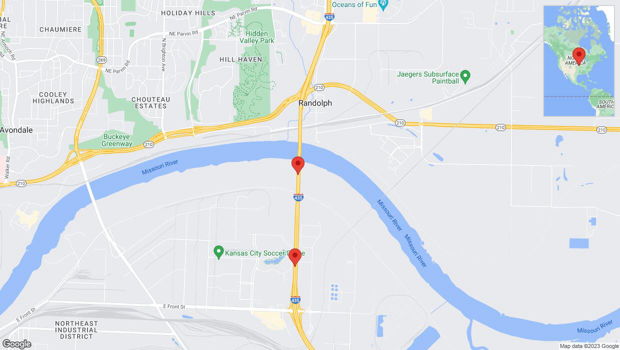 A detailed map that shows the affected road due to 'Warning: Crash on southbound I-435 in Kansas City' on October 12th at 3:57 p.m.