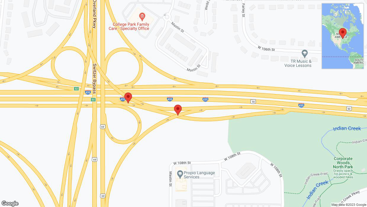 A detailed map that shows the affected road due to 'Crash reported on U.S. 50 in Overland Park' on October 12th at 4:57 p.m.