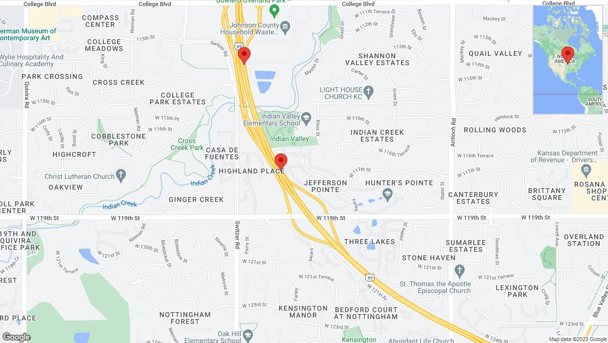 A detailed map that shows the affected road due to 'Lane on US-69 closed in Overland Park' on October 12th at 5:15 p.m.