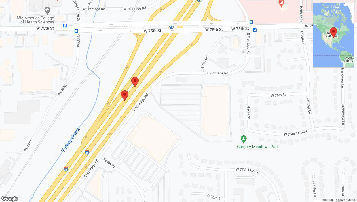 A detailed map that shows the affected road due to 'Broken down vehicle on eastbound I-35 in Overland Park' on October 12th at 5:33 p.m.