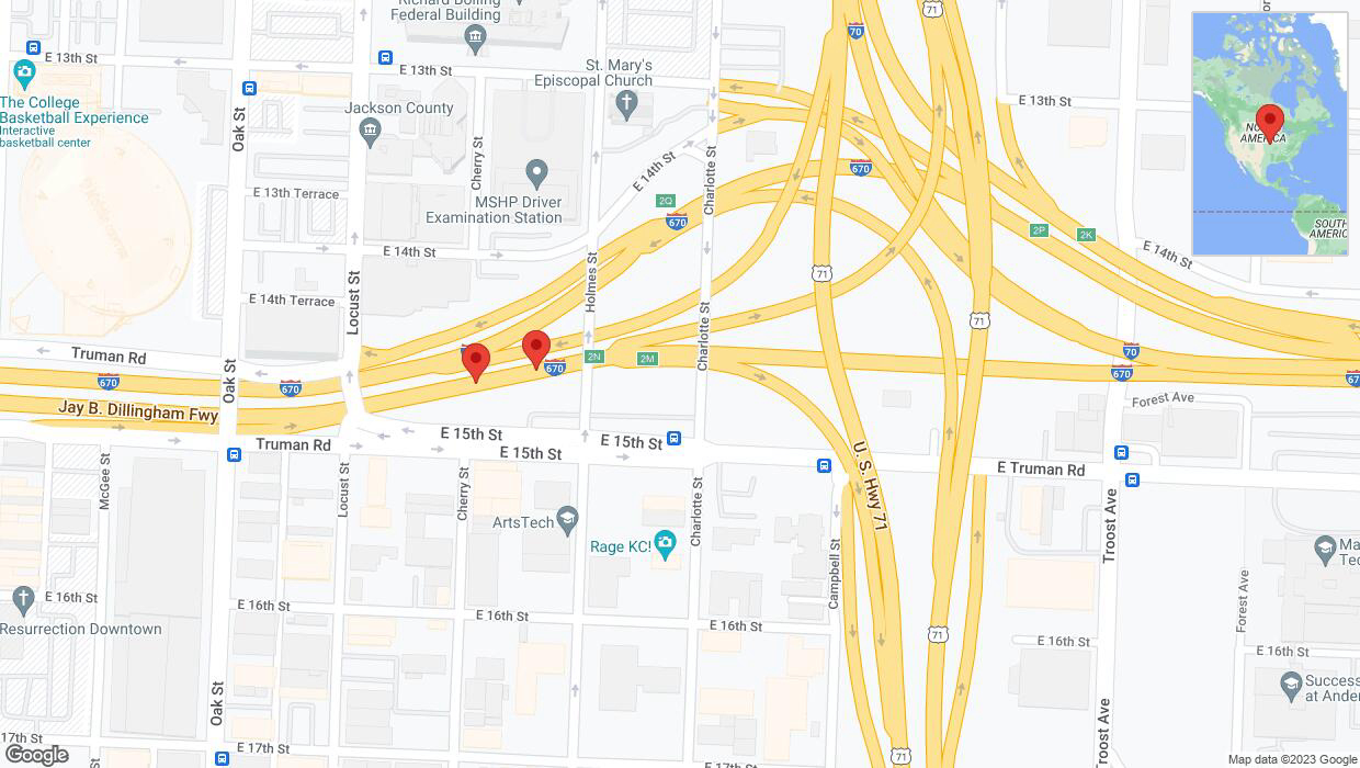 A detailed map that shows the affected road due to 'Broken down vehicle on eastbound I-670 in Kansas City' on October 12th at 5:33 p.m.