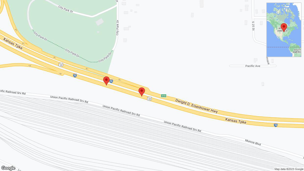 A detailed map that shows the affected road due to 'Broken down vehicle on eastbound I-70 in Kansas City' on October 12th at 9:09 p.m.