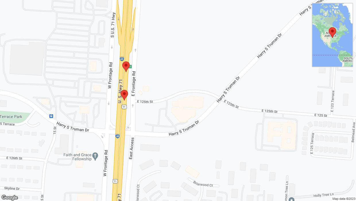 A detailed map that shows the affected road due to 'Broken down vehicle on northbound I-40/US-71 in Grandview' on October 12th at 10:21 p.m.