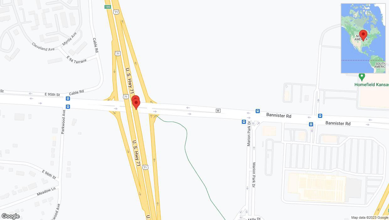A detailed map that shows the affected road due to 'Broken down vehicle on northbound I-40/US-71 in Kansas City' on October 13th at 11:57 a.m.