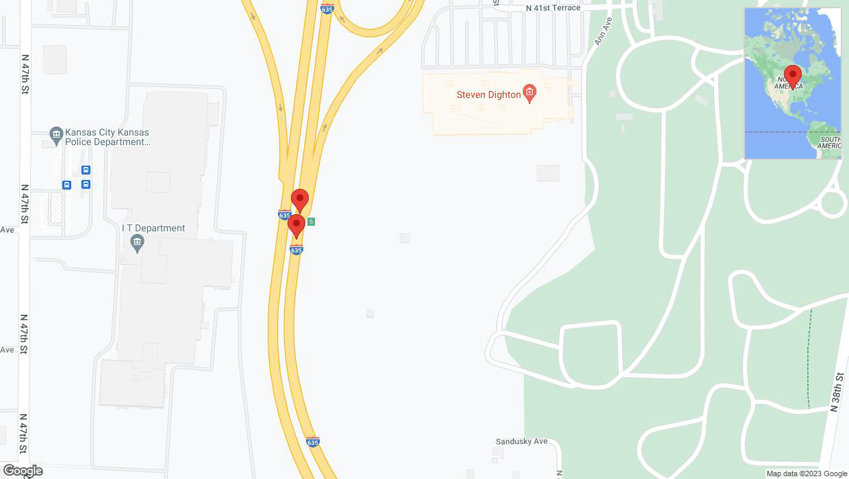 A detailed map that shows the affected road due to 'Broken down vehicle on northbound I-635 in Kansas City' on October 13th at 12:21 p.m.