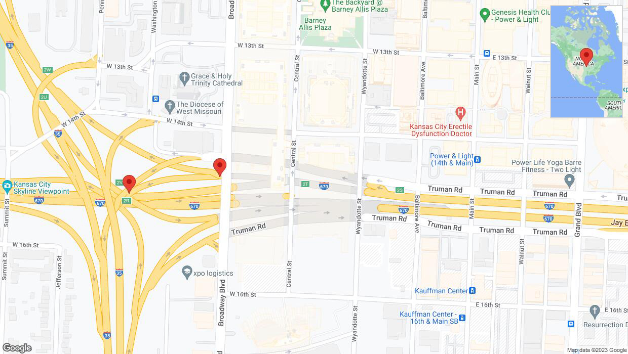 A detailed map that shows the affected road due to 'Broken down vehicle on Broadway Boulevard in Kansas City' on October 13th at 1:15 p.m.