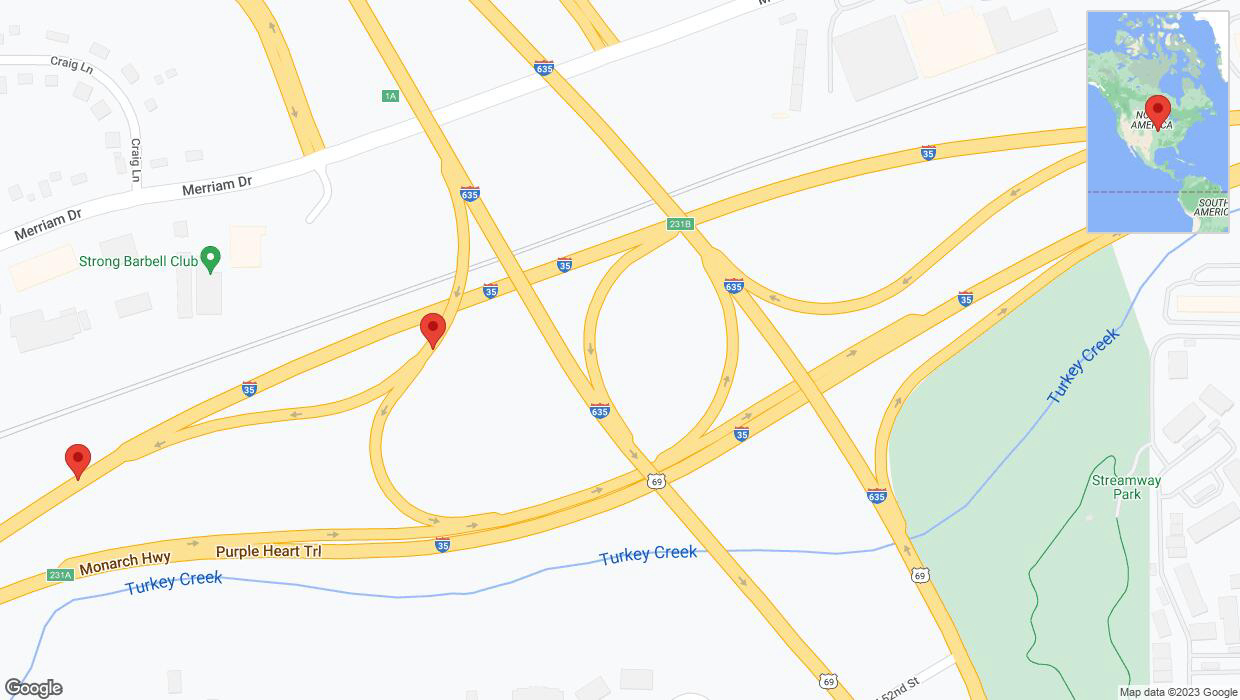 A detailed map that shows the affected road due to 'Broken down vehicle on Purple Heart Trail in Overland Park' on October 13th at 3:27 p.m.