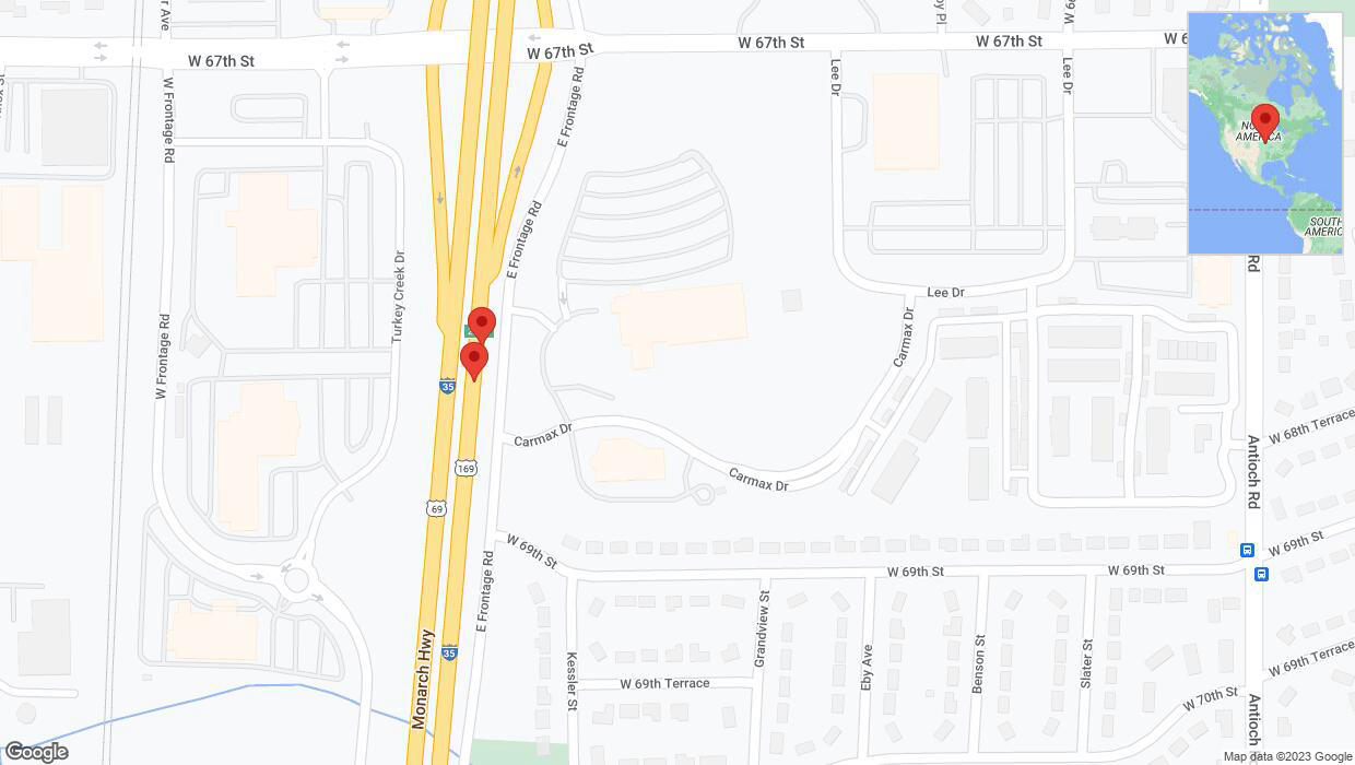 A detailed map that shows the affected road due to 'Broken down vehicle on eastbound I-35 in Merriam' on October 13th at 3:09 p.m.