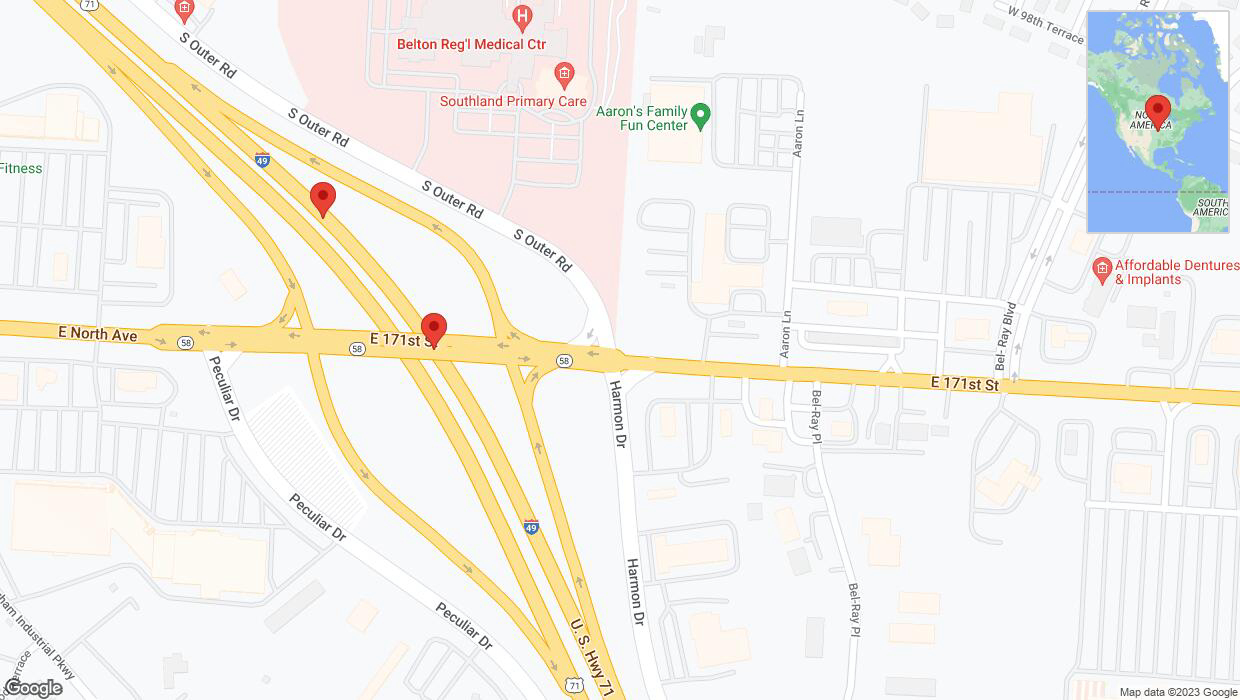 A detailed map that shows the affected road due to 'Broken down vehicle on northbound I-40/US-71 in Belton' on October 13th at 3:03 p.m.