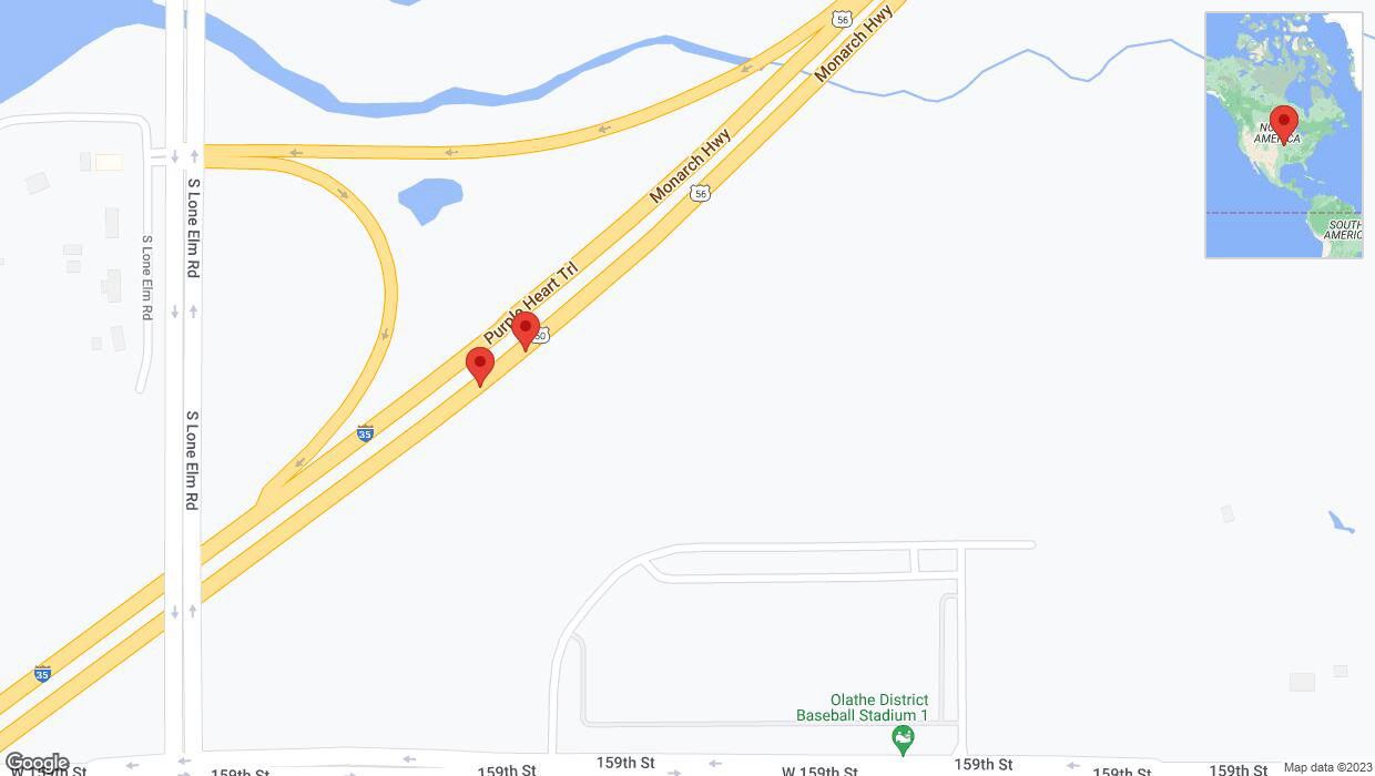A detailed map that shows the affected road due to 'Broken down vehicle on eastbound I-35 in Olathe' on October 13th at 4:45 p.m.