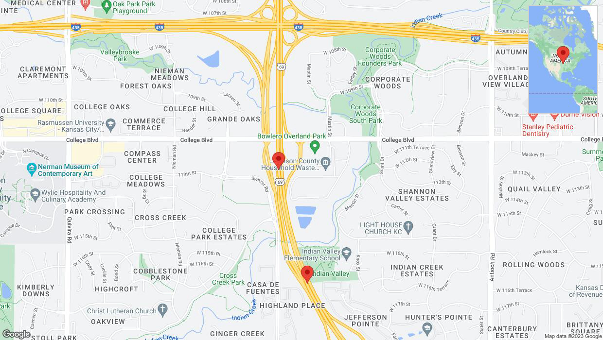 A detailed map that shows the affected road due to 'Lane on US-69 closed in Overland Park' on October 13th at 6:15 p.m.