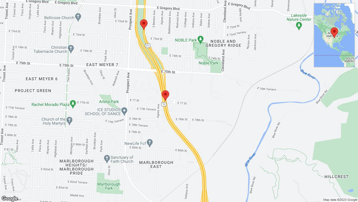 A detailed map that shows the affected road due to 'I-40/US-71 closed in Kansas City' on October 13th at 9:39 p.m.