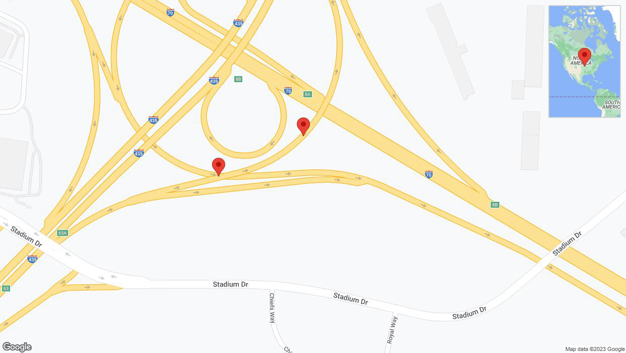 A detailed map that shows the affected road due to 'Broken down vehicle on Interstate 435 in Kansas City' on October 14th at 1:15 p.m.