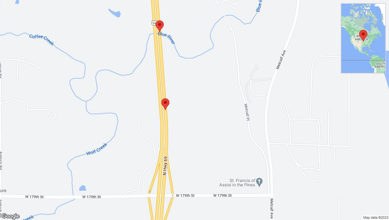 A detailed map that shows the affected road due to 'Broken down vehicle on northbound US-69 in Overland Park' on October 14th at 2:57 p.m.