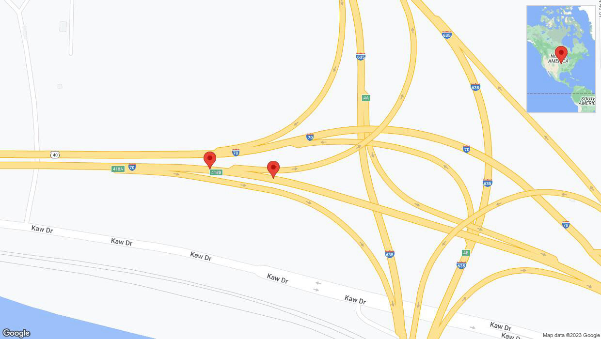 A detailed map that shows the affected road due to 'Broken down vehicle on eastbound I-70 in Kansas City' on October 15th at 9:10 p.m.