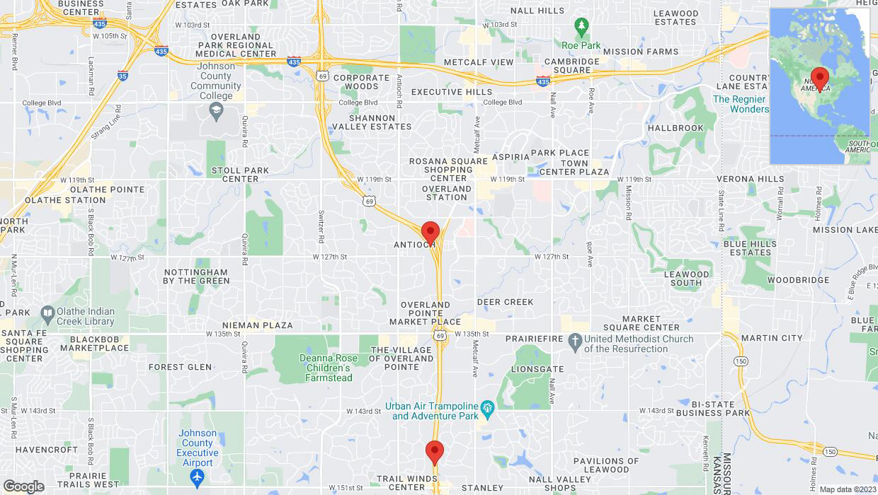 A detailed map that shows the affected road due to 'Lane on US-69 closed in Overland Park' on October 15th at 11:22 p.m.