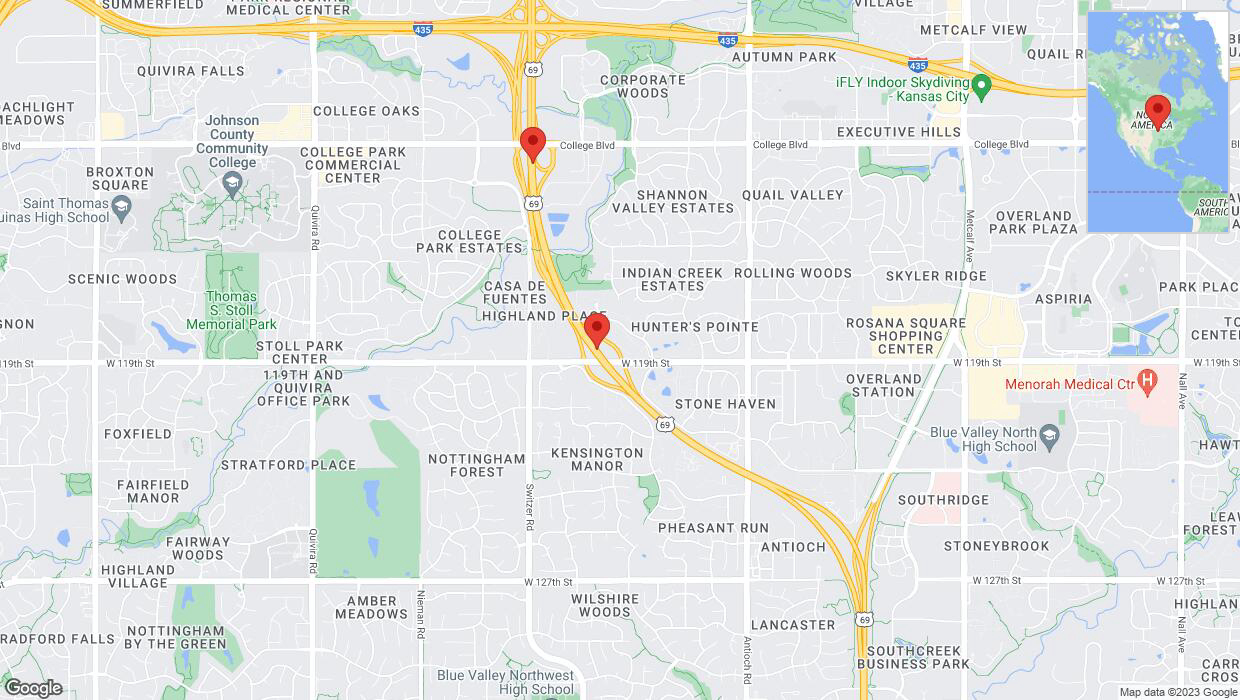 A detailed map that shows the affected road due to 'Lane on US-69 closed in Overland Park' on October 18th at 4:15 p.m.