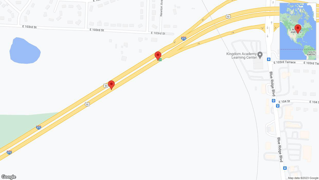 A detailed map that shows the affected road due to 'Broken down vehicle on eastbound I-470 in Kansas City' on October 18th at 10:15 p.m.