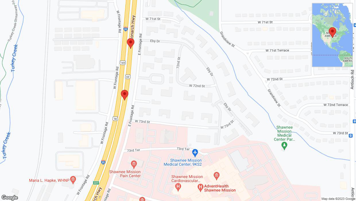 A detailed map that shows the affected road due to 'Broken down vehicle on eastbound I-35 in Merriam' on October 16th at 8:08 p.m.