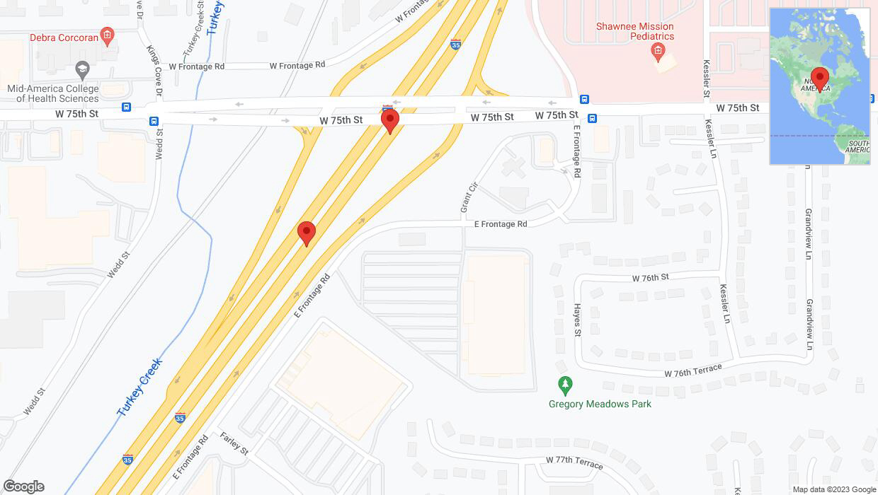 A detailed map that shows the affected road due to 'Warning in Overland Park: Crash reported on eastbound I-35' on October 17th at 1:08 p.m.