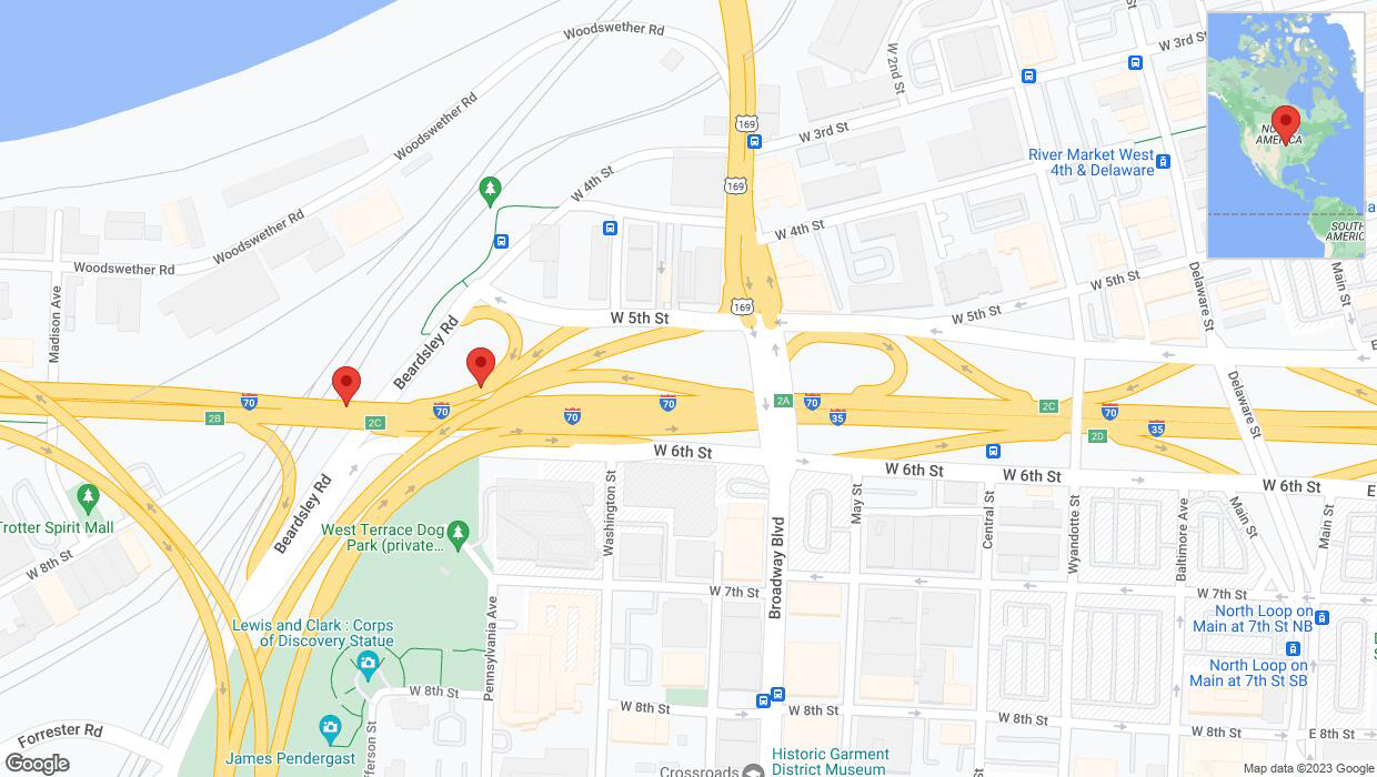 A detailed map that shows the affected road due to 'US-169 South: bridge closed between West Fifth Street and I-70 West' on October 17th at 12:14 p.m.