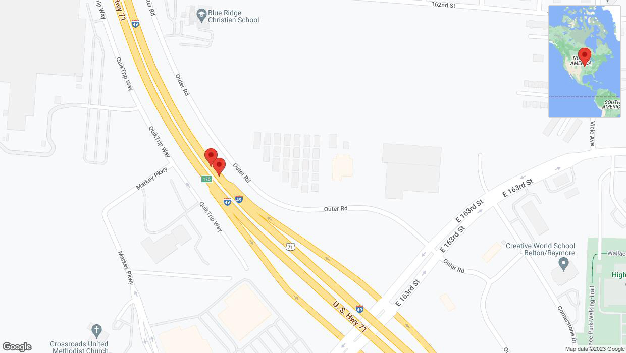 A detailed map that shows the affected road due to 'Broken down vehicle on northbound I-40/US-71 in Belton' on October 17th at 4:08 p.m.