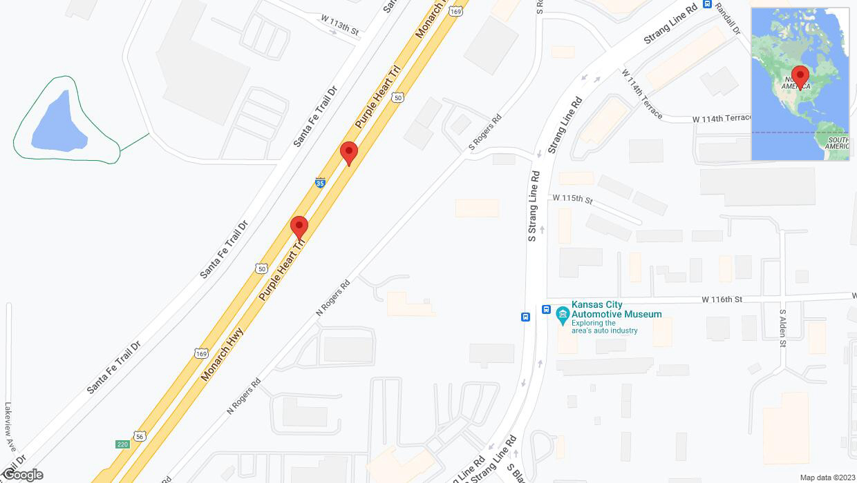 A detailed map that shows the affected road due to 'Broken down vehicle on eastbound I-35 in Lenexa' on October 17th at 3:50 p.m.