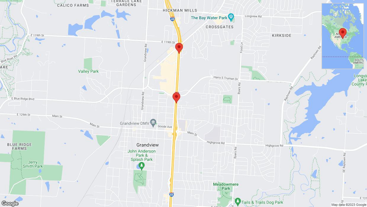 A detailed map that shows the affected road due to 'Warning: Crash on northbound I-40/US-71 in Grandview' on October 17th at 4:02 p.m.