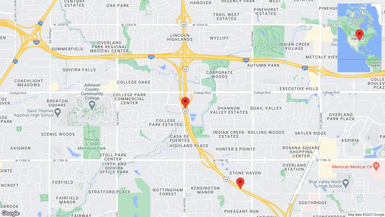 A detailed map that shows the affected road due to 'Lane on US-69 closed in Overland Park' on October 17th at 4:14 p.m.