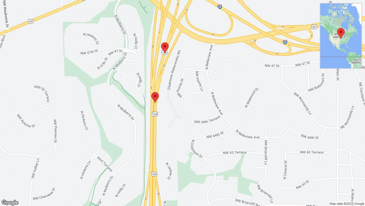 A detailed map that shows the affected road due to 'Broken down vehicle on northbound US-169 in Kansas City' on October 17th at 4:44 p.m.