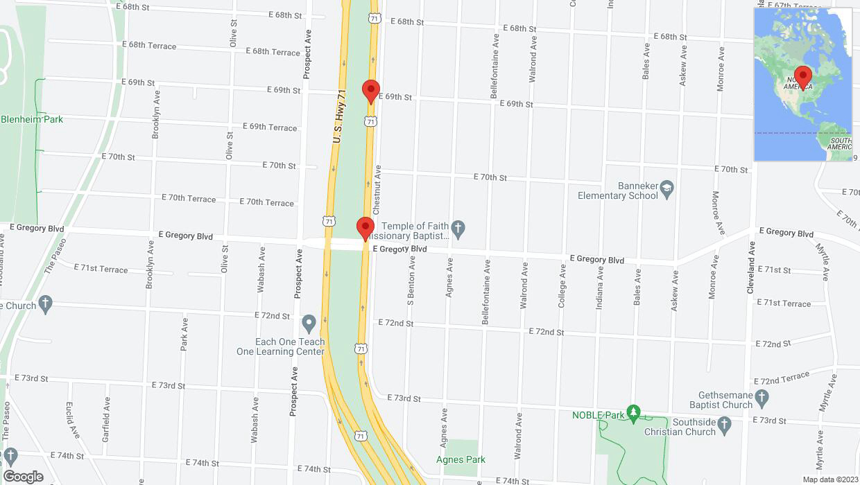 A detailed map that shows the affected road due to 'Broken down vehicle on northbound the Bruce R Watkins Expressway/US-71 in Kansas City' on October 17th at 4:44 p.m.
