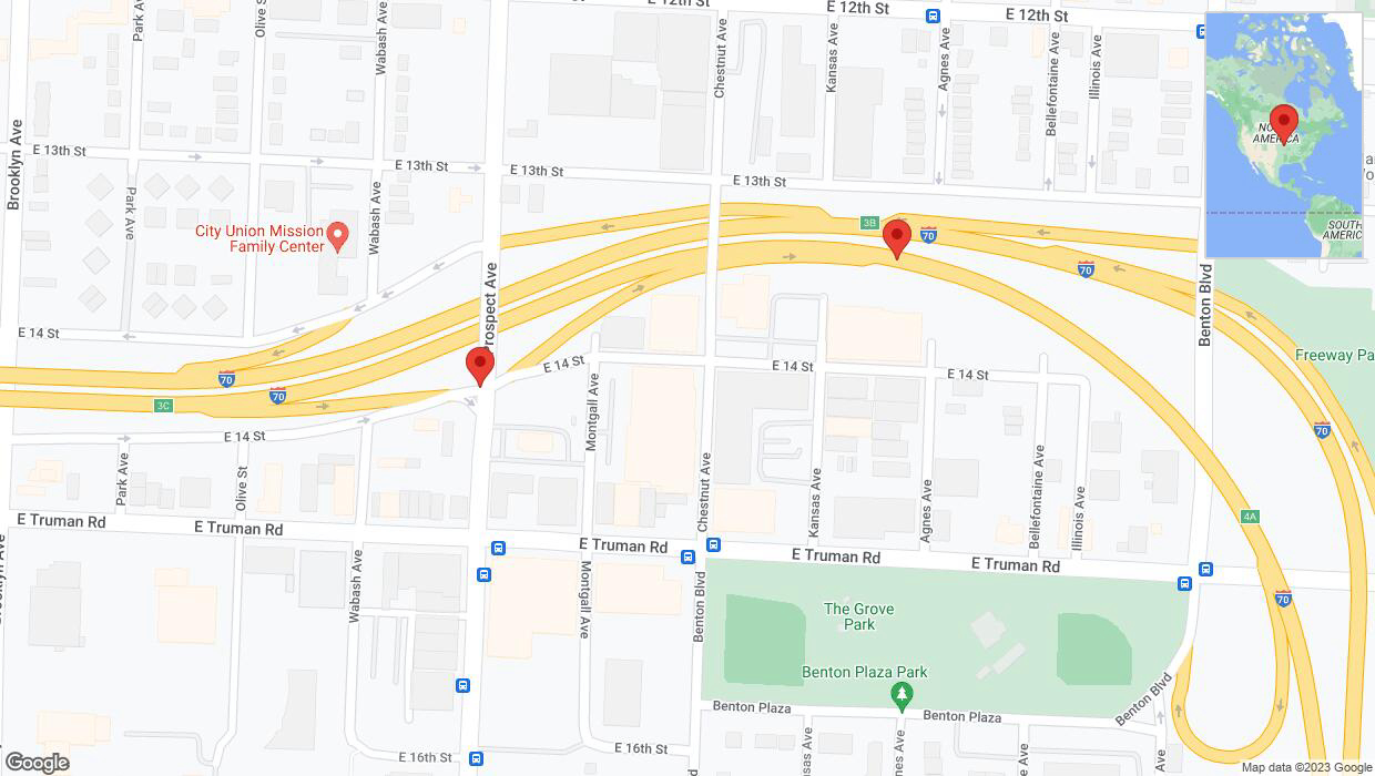 A detailed map that shows the affected road due to 'Kansas City: Prospect Avenue closed' on October 17th at 5:32 p.m.