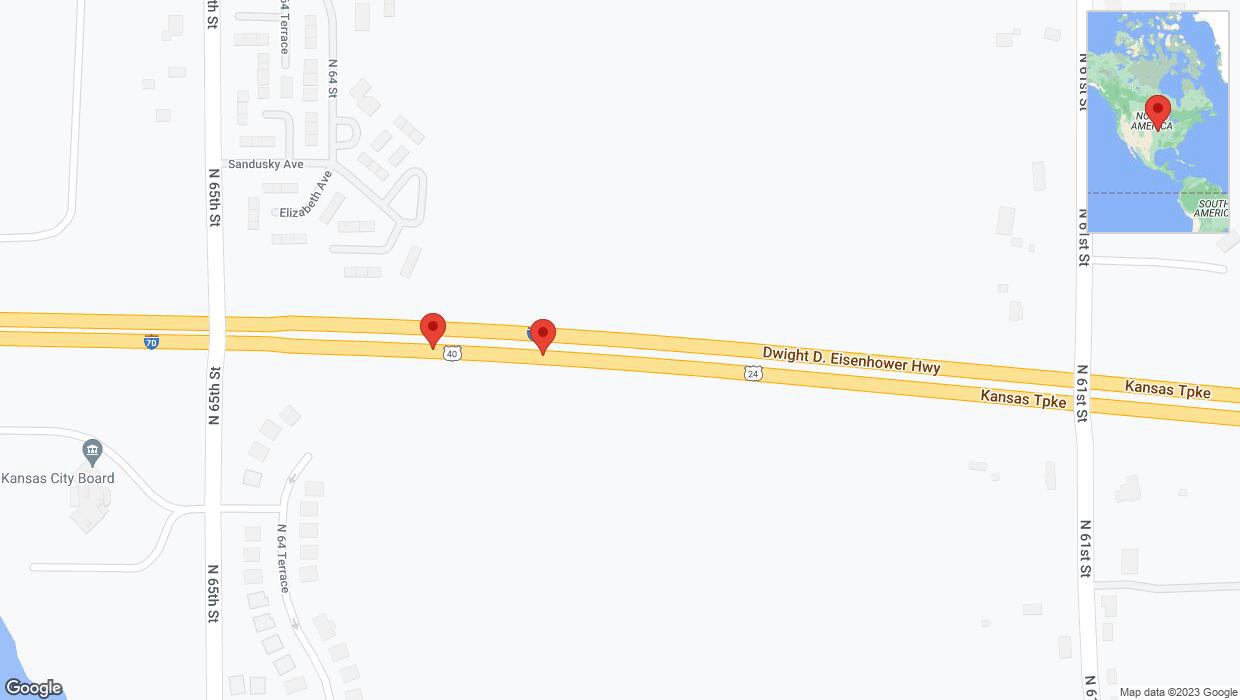 A detailed map that shows the affected road due to 'Broken down vehicle on eastbound I-70 in Kansas City' on October 17th at 8:39 p.m.