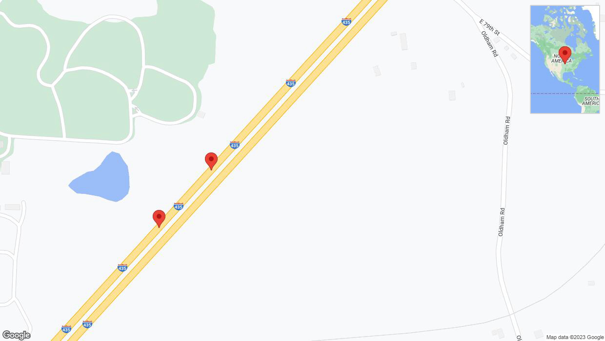 A detailed map that shows the affected road due to 'Broken down vehicle on southbound I-435 in Kansas City' on October 17th at 7:50 p.m.