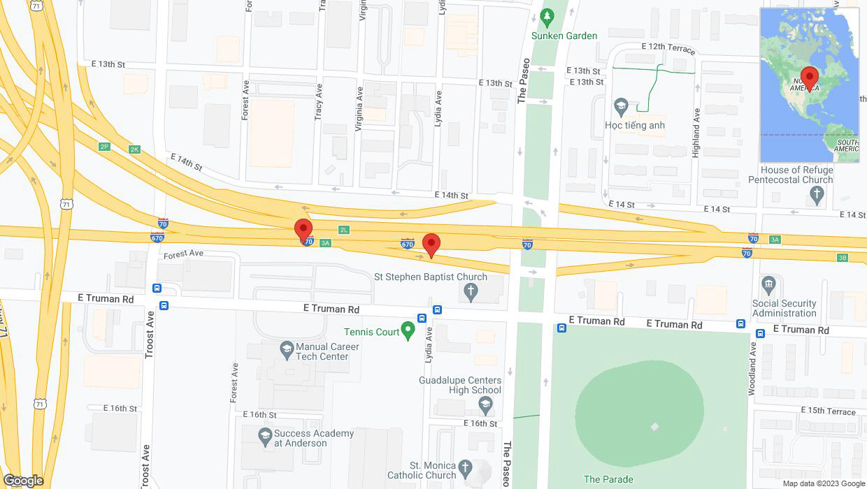 A detailed map that shows the affected road due to 'Crash reported on East Truman Road in Kansas City' on October 17th at 11:03 p.m.