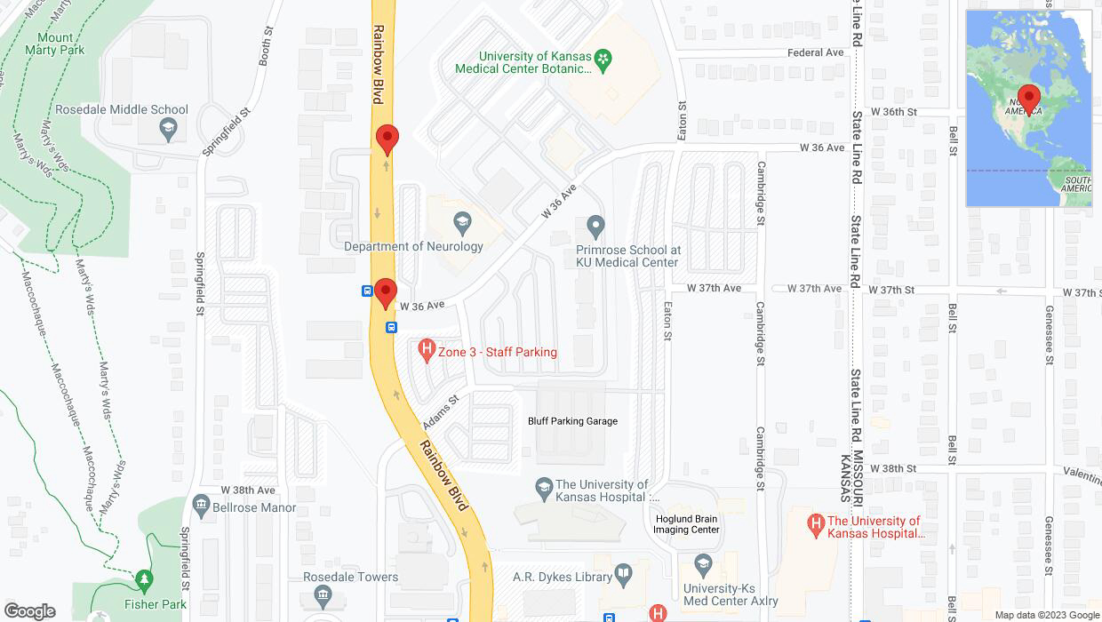 A detailed map that shows the affected road due to 'Lane on Rainbow Boulevard/US-169 closed in Kansas City' on October 18th at 7:21 p.m.