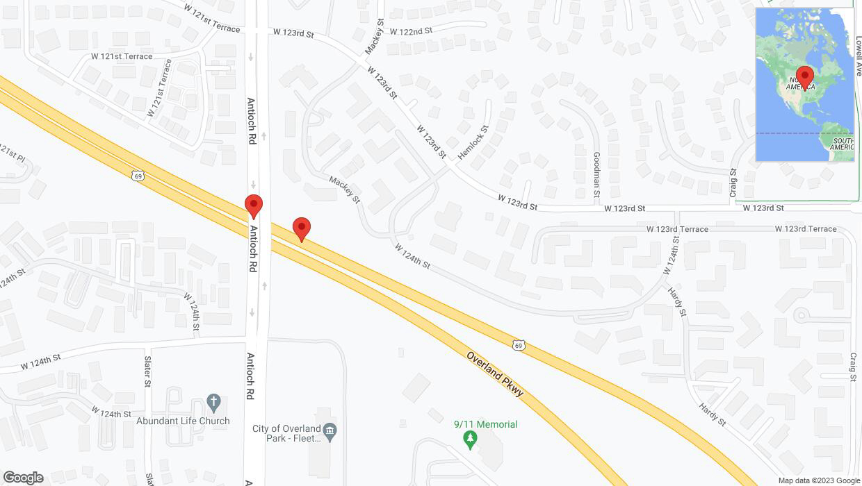 A detailed map that shows the affected road due to 'Warning: Crash on northbound US-69 in Overland Park' on October 18th at 2:09 p.m.