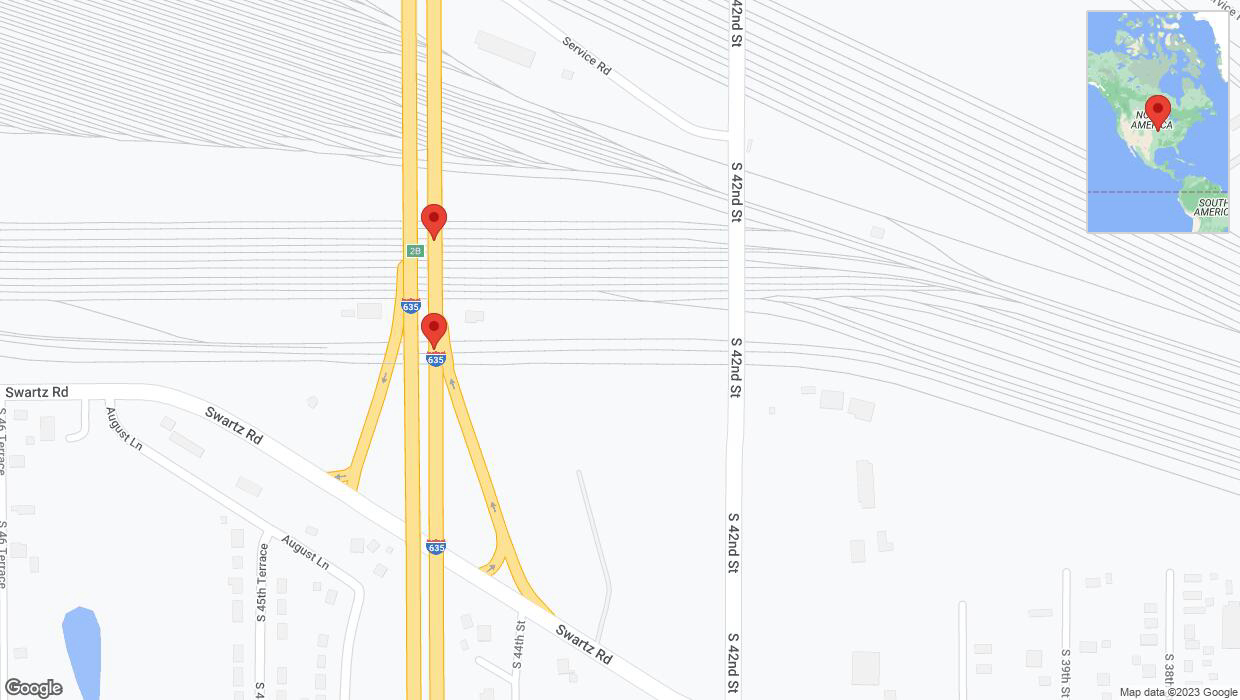 A detailed map that shows the affected road due to 'Left lane on I-635 closed in Kansas City' on October 18th at 2:15 p.m.