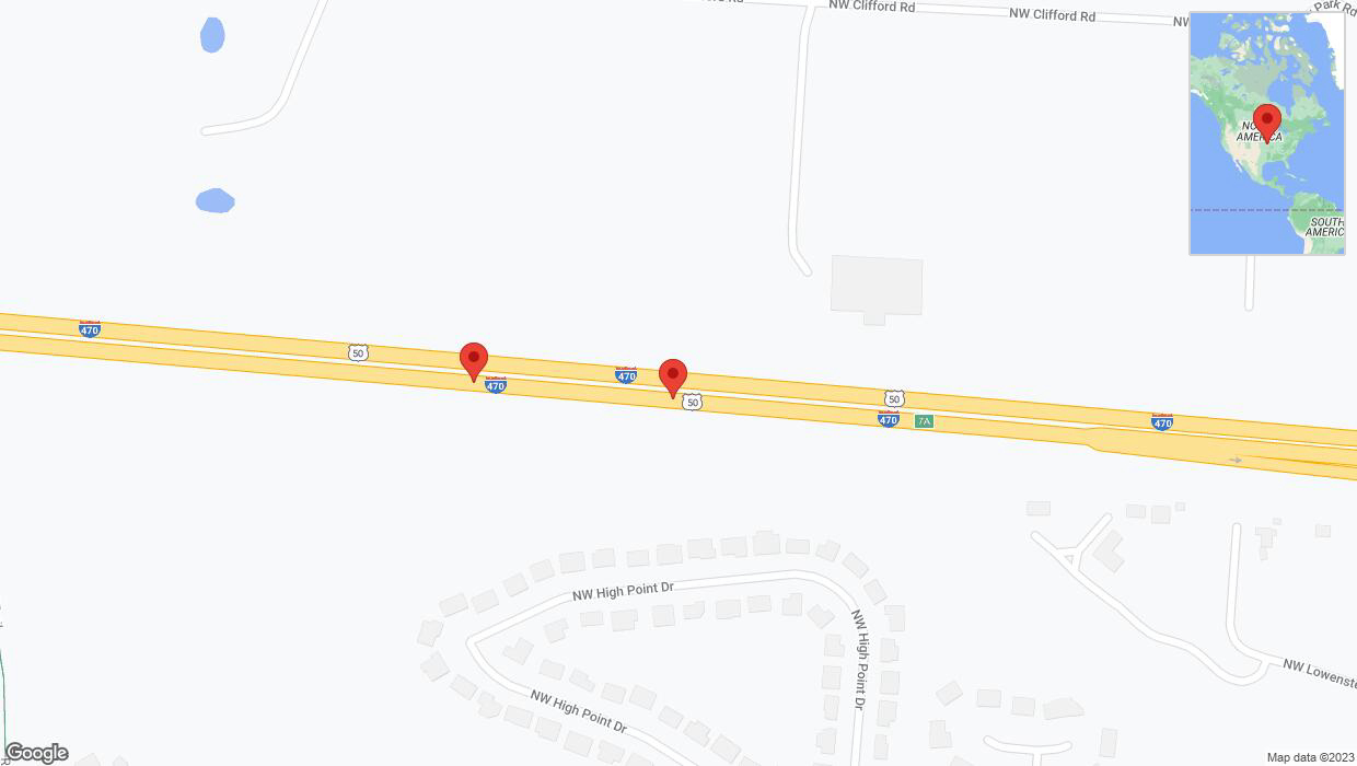 A detailed map that shows the affected road due to 'Broken down vehicle on eastbound I-470 in Lee's Summit' on October 18th at 4:45 p.m.