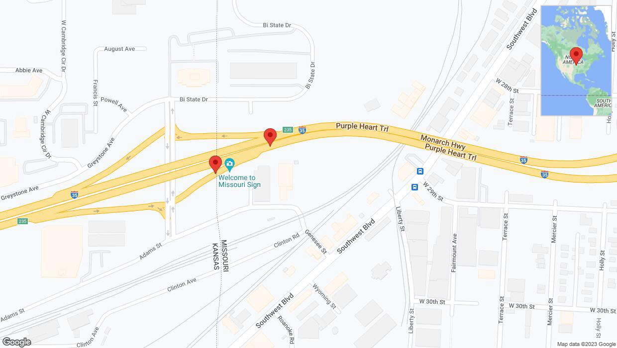 A detailed map that shows the affected road due to 'Broken down vehicle on Greystone Avenue in Kansas City' on October 18th at 5:09 p.m.