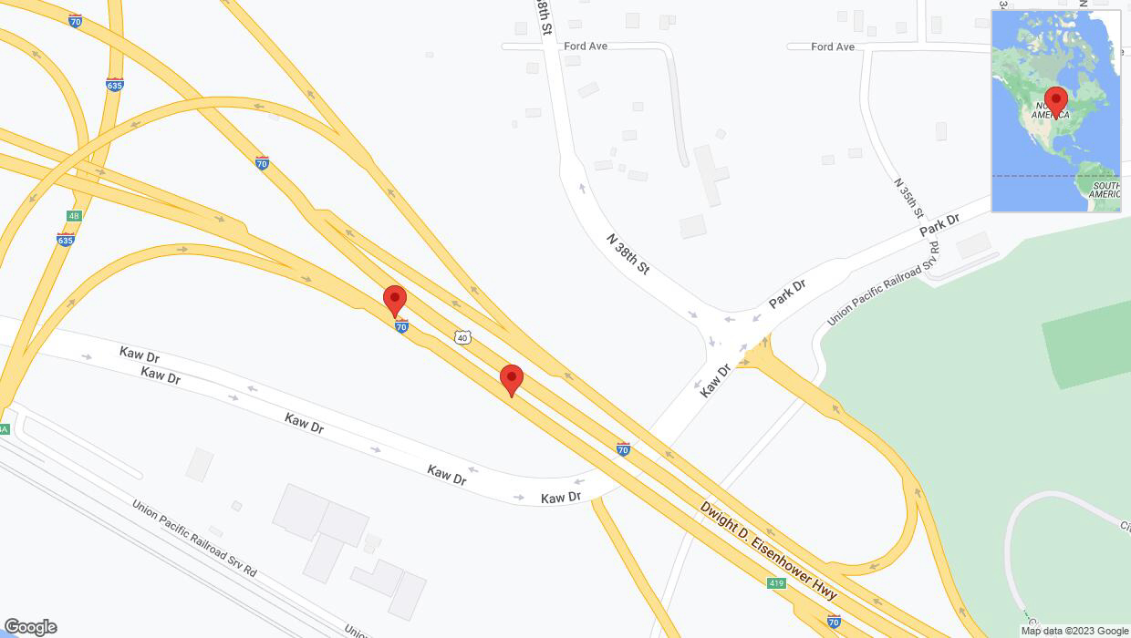 A detailed map that shows the affected road due to 'Broken down vehicle on eastbound I-70 in Kansas City' on October 18th at 5:15 p.m.