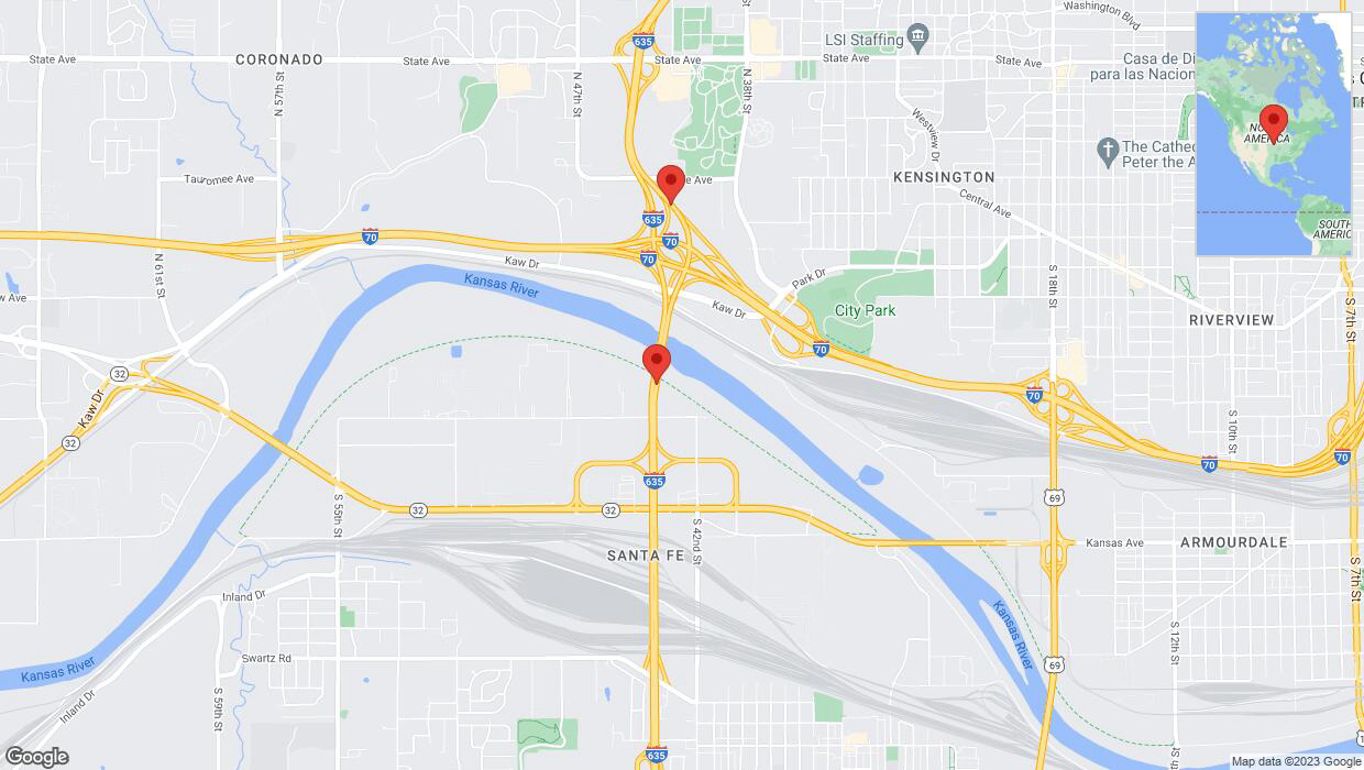 A detailed map that shows the affected road due to 'Warning: Crash on northbound I-635 in Kansas City' on October 18th at 5:51 p.m.