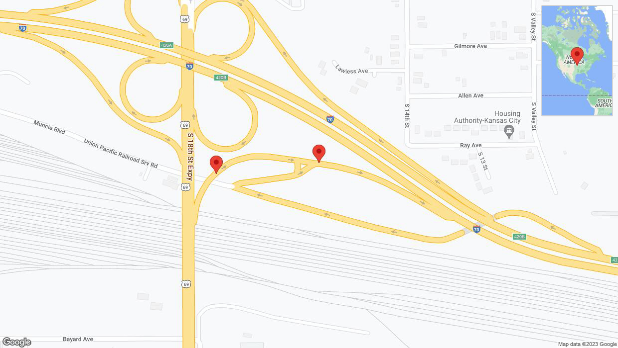A detailed map that shows the affected road due to 'Broken down vehicle on northbound US-69 in Kansas City' on October 18th at 6:33 p.m.