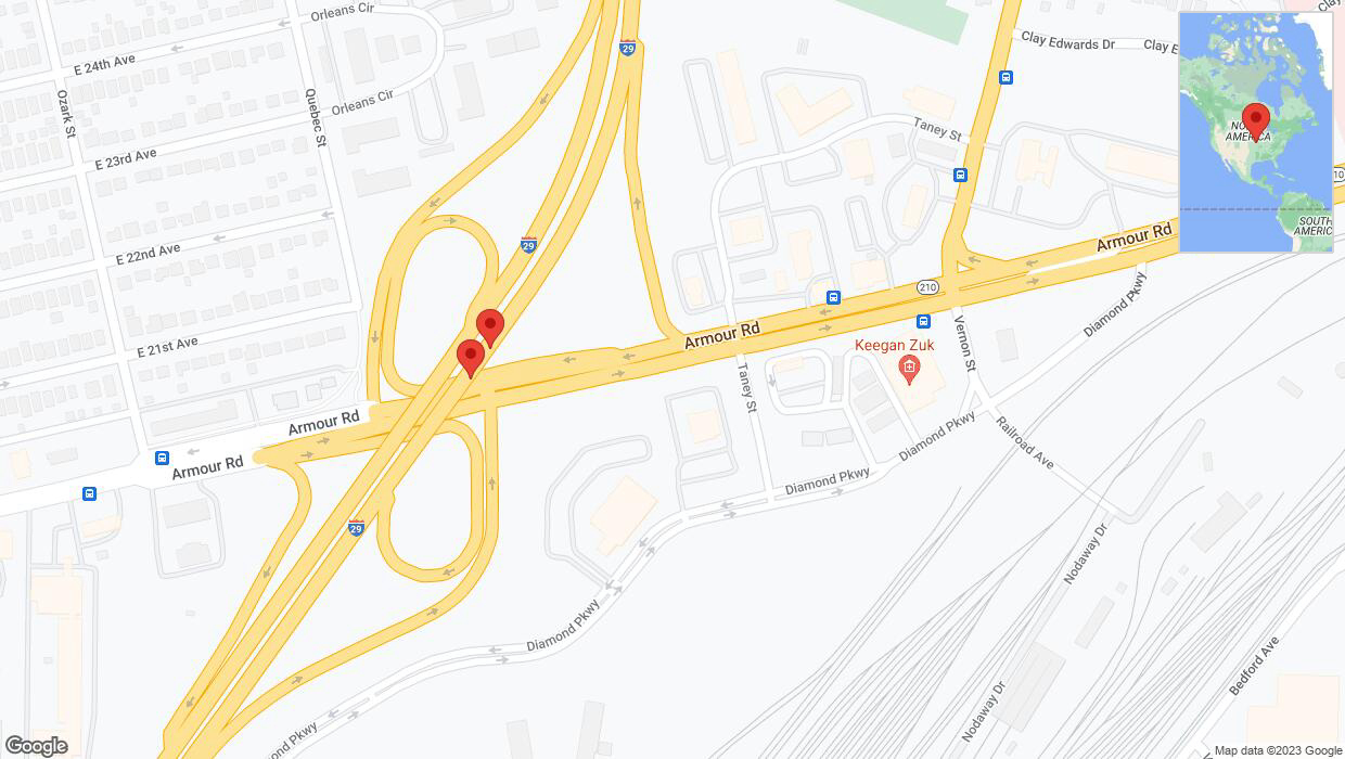 A detailed map that shows the affected road due to 'Broken down vehicle on northbound I-29/I-35 in North Kansas City' on October 18th at 7:03 p.m.