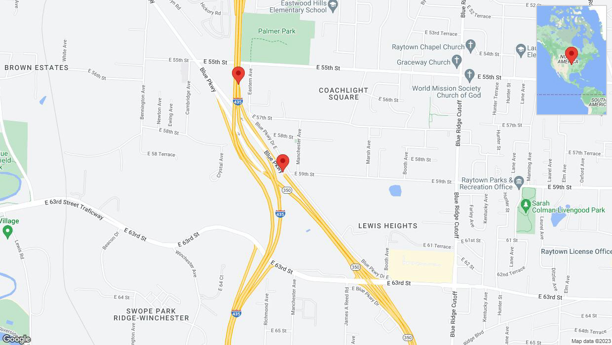 A detailed map that shows the affected road due to 'Broken down vehicle on Manchester Avenue in Kansas City' on October 18th at 7:03 p.m.
